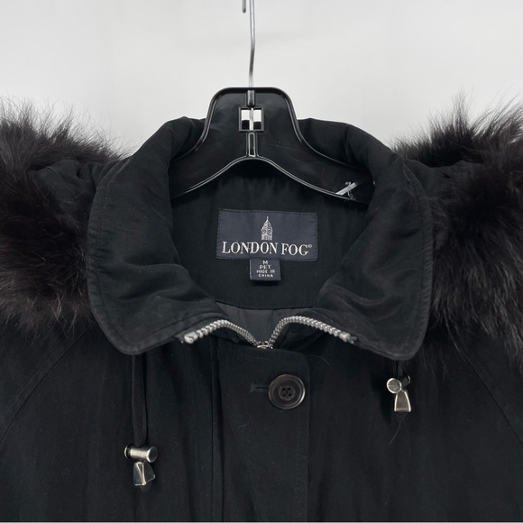 London Fog Women’s Coat Black Full Zip Fox Fur Trim Hood Petite M - Picture 3 of 9